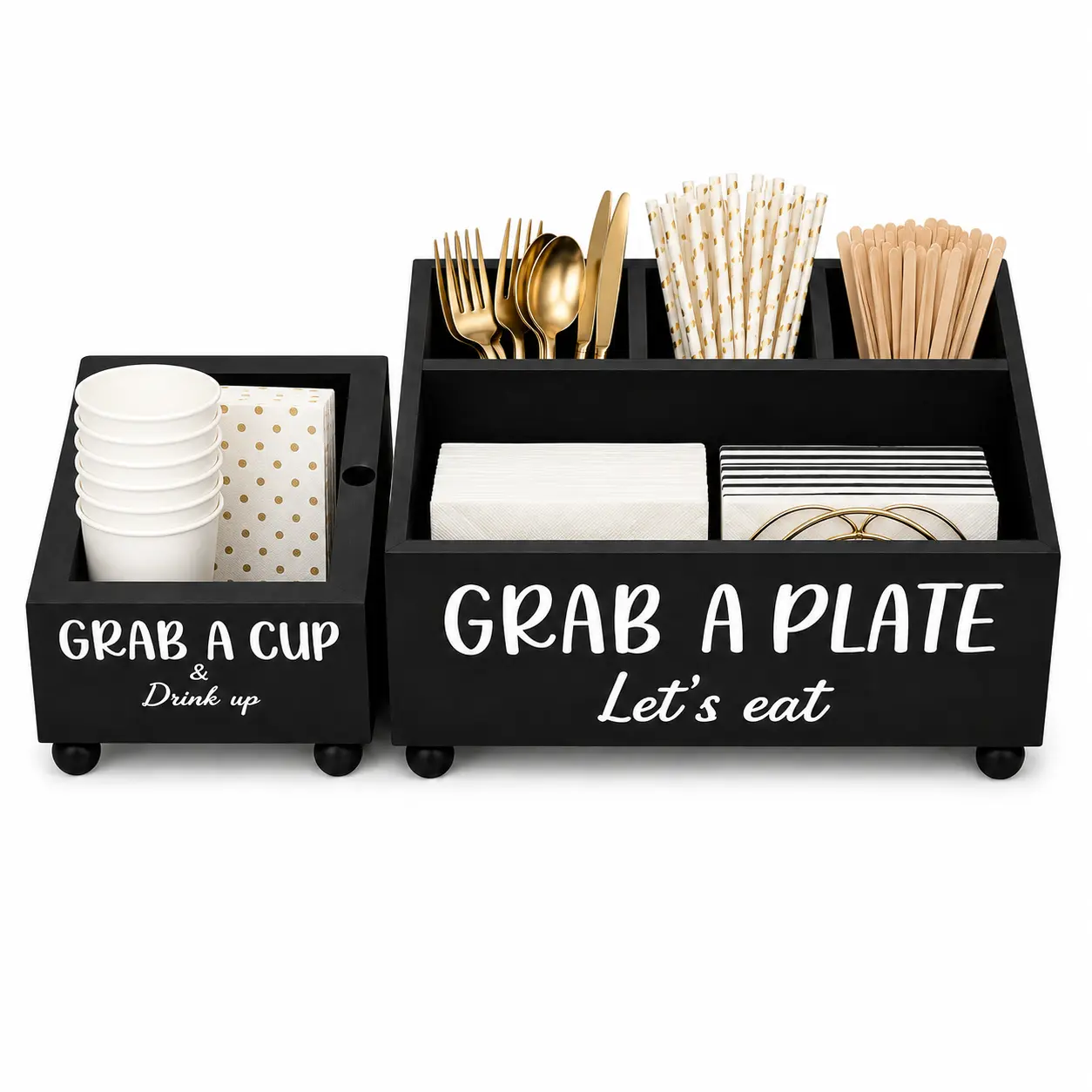 Classic Rectangular Wooden Kitchen Countertop Organizer Set - Collapsible, 2 Paper Plate Dispensers, Cup Holders, Compartmental Labeled Multi-Use Cutlery Storage Box for Forks, Knives, Napkins, Ideal for Parties, Camping