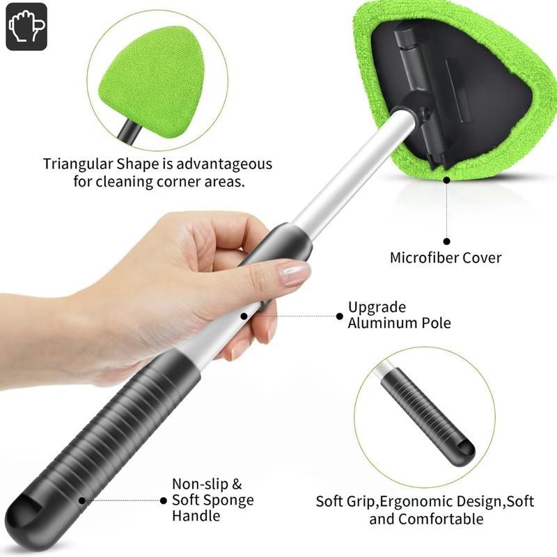 Windshield Cleaner Tool with Extendable Handle,Portable Car Interior Window Cleaning Kit , 3Microfiber Towel Pads, Auto Glass Wiper for Windshield, Trucks, SUVs, RVs, and Home Windows