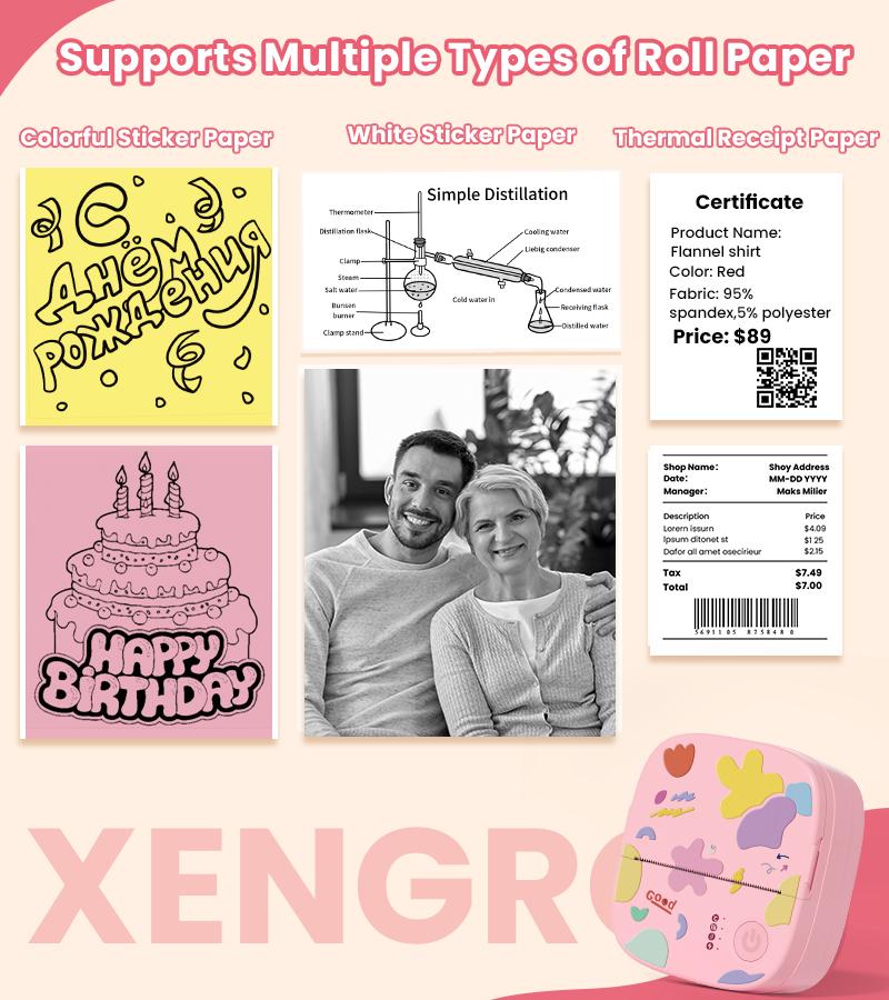 [CrazyThursdayLIVE] XenGro Mini Sticker Bluetooth Printer included 3 Roll label Thermal Pocket Printer,Inkless Portable Printer B&W Printing Only for Study Notes, Photos, Memos, Lists, Journals Printing Machine Sticky Label, Birthday Gifts for Girls Boys