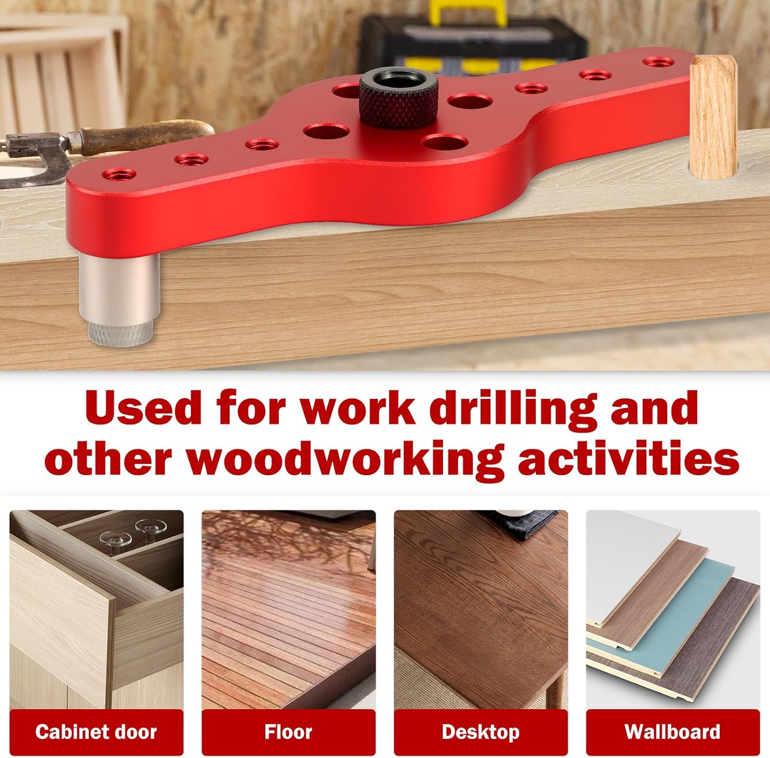 Votrek Dowel Jig Kit Self Centering Dowel Jig Kit Aluminum Alloy Vertical Hole Drilling Jig Precise Woodworking Doweling Jig with 6mm 8mm 10mm Bit Guides for Woodworking QUZHEMA_US(gules)