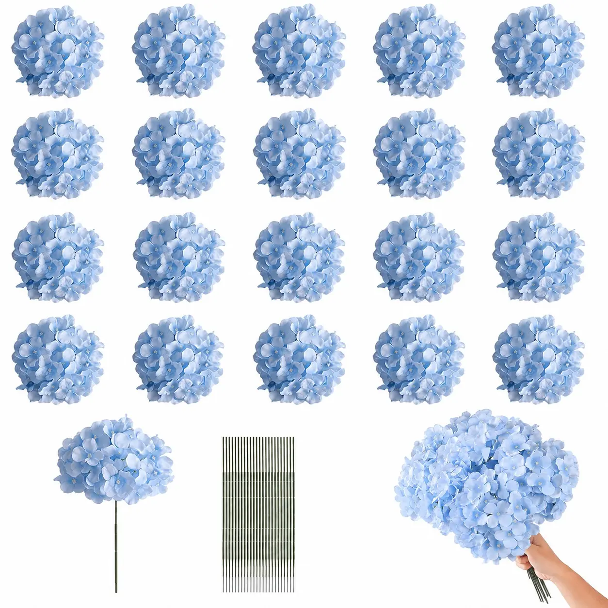 20 Pcs Blue Artificial Hydrangea Bouquet, Artificial Flower Decorations, Decorative Flowers, Silk Hydrangea Flowers with Stems, Bulk Fake Flower Heads for Wedding Home Decor, DIY Arrangements & Event Styling, Ideal for Brides