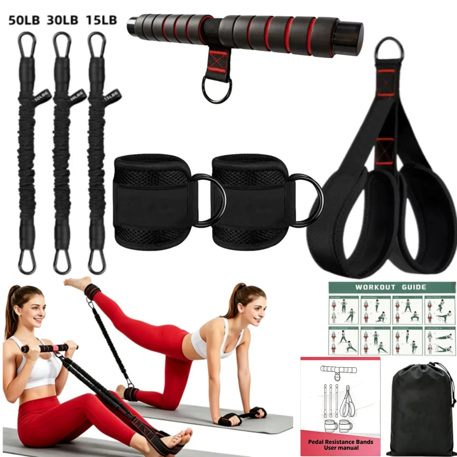 Cute Pilates Sets for Women, Home Workout Gear, Pilates Bar Kit with Resistance Bands, Glute Kickback Machine, Resistant Bands for Glutes Workout, 15/30/50LB Adjustable Fitness Bands, Portable Home Gym Equipment Full Set