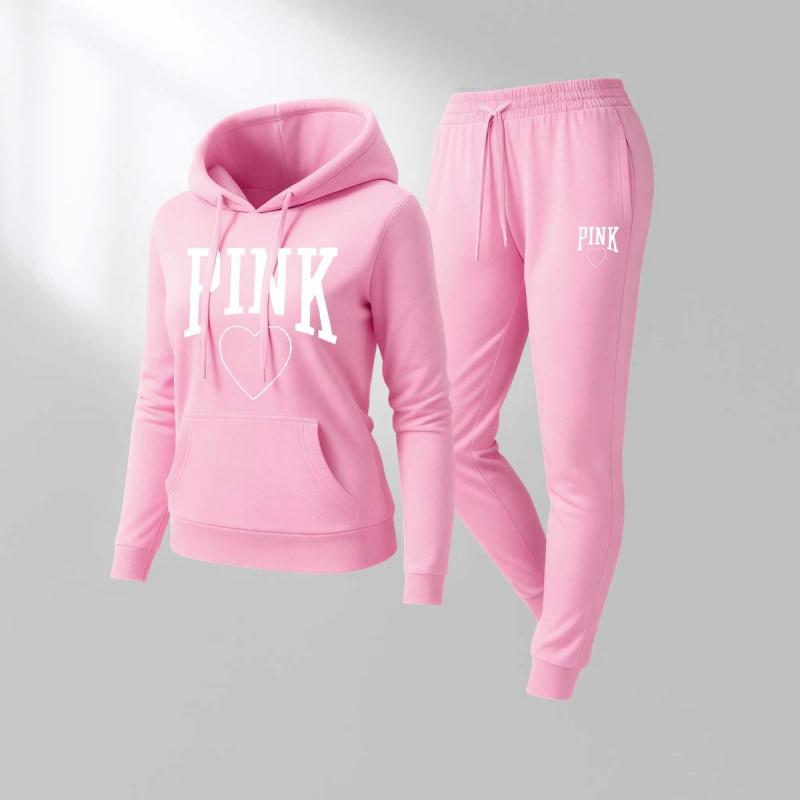 Women's Pink Heart Print  Hoodie And Drawstring Track Pants Set, Casual Sportswear, Long-Sleeved Hooded Jacket And Pants, Suitable For Autumn And Winter, Everyday Wear, Indoor And Outdoor Sportswear, Casual Sportswear.