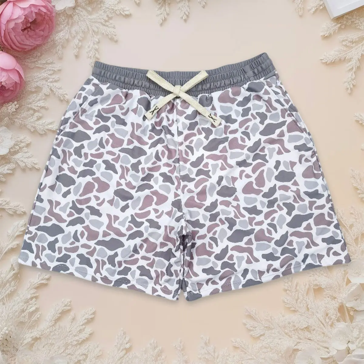 Girls' Toddler Mid Waist Camouflage Shorts, Breathable Cotton Blend Knit Playwear in Pink & Grey with Adjustable Drawstring, Cotton Blend Fabric