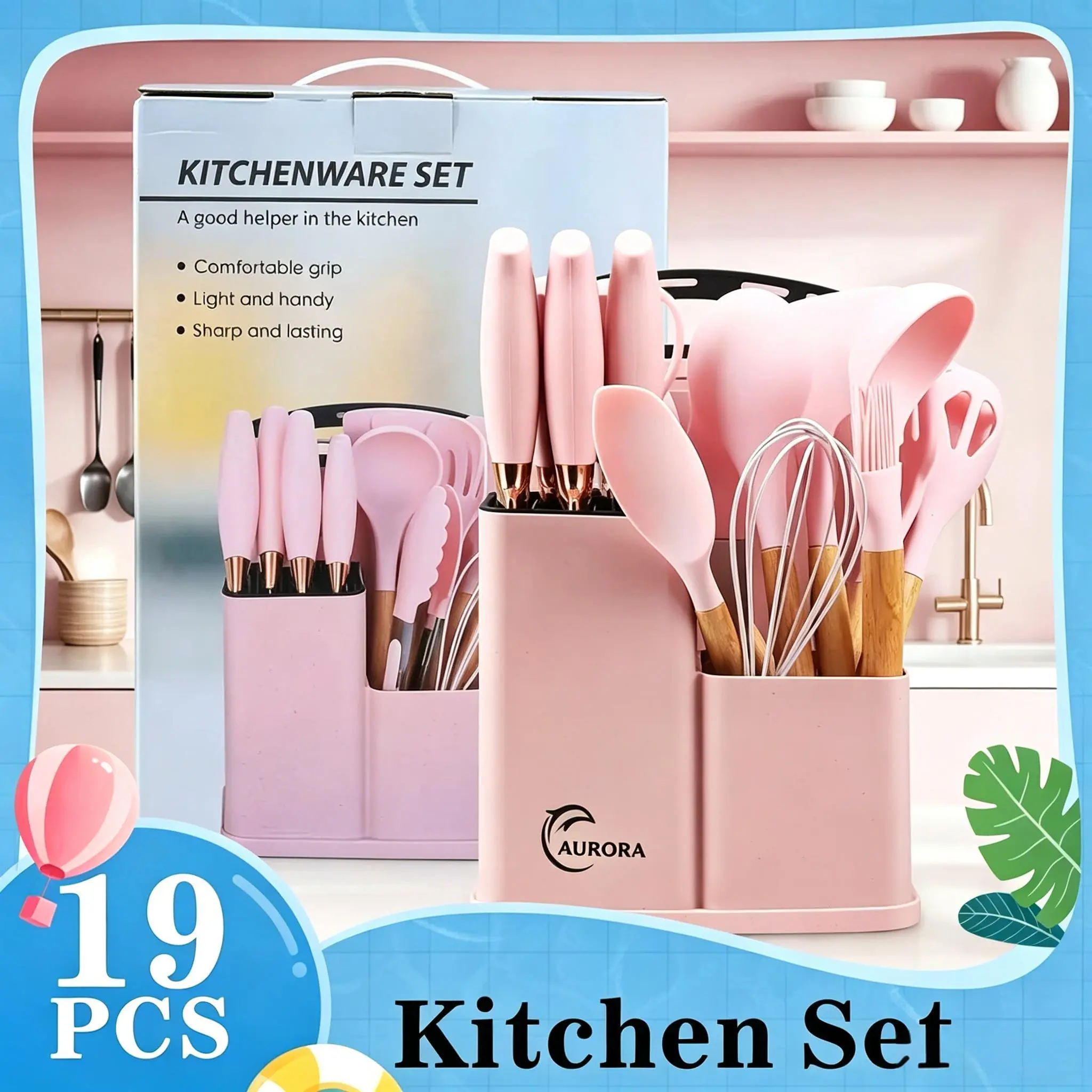 19-Piece High Carbon Stainless Steel Sharp Blade Kitchen Utensils Set with Plastic Storage Rack, Whisk, Black Cookware, Pasta Tools, Hanging Holes, Wooden Cooking Tools, Durable Kitchenware, Easy-to-Clean Gift Set