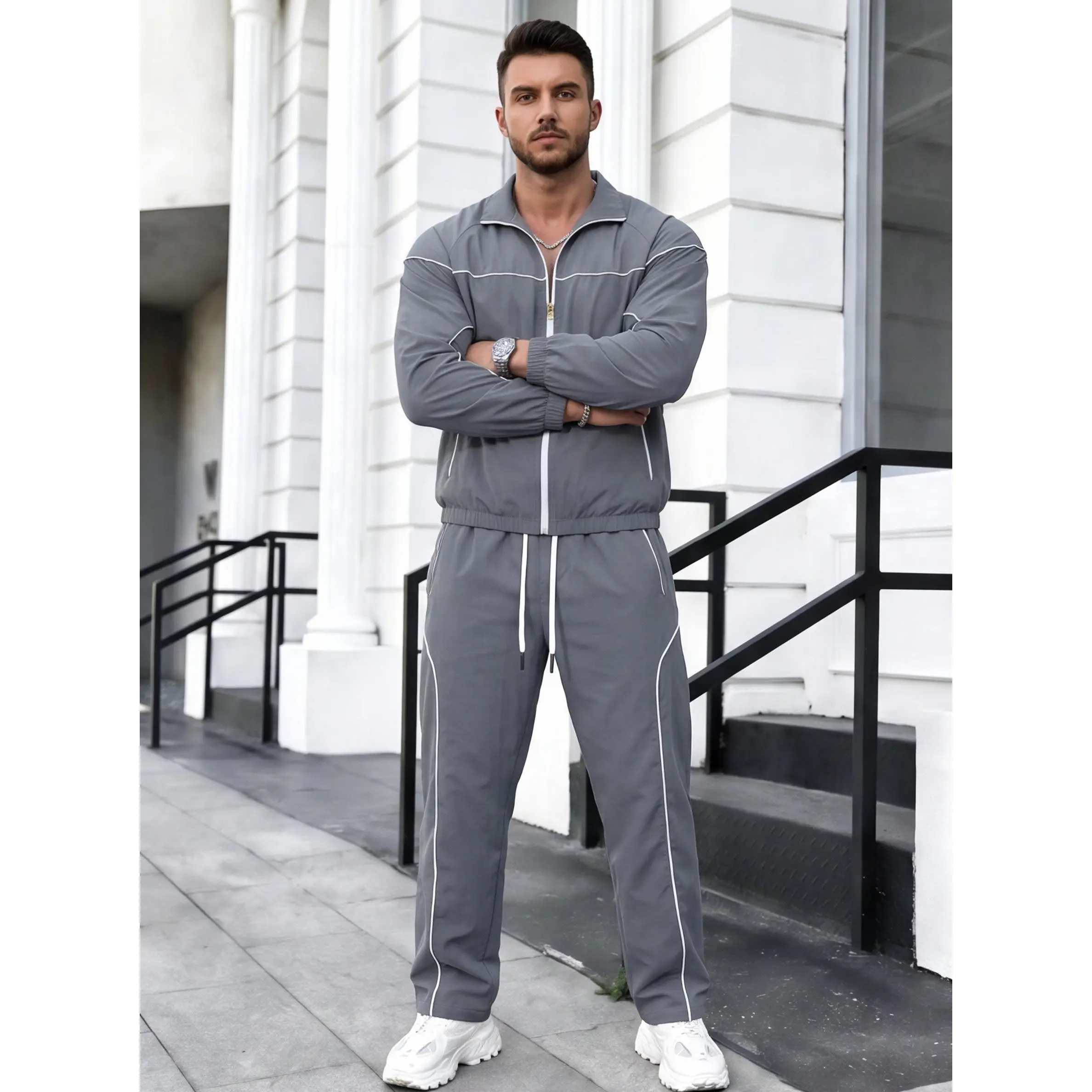 USBoutiqueCHIC Men’s White Piping Full Zip Stand Collar Jacket & Drawstring Straight Pants Two Piece Tracksuit | Casual Street Athleisure Matching Set
