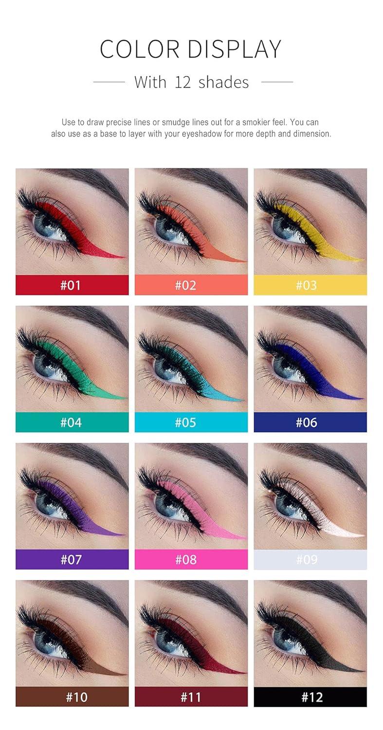 Eye Liner 12 Colors Matte Liquid Eyeliner Set Rainbow Colorful Neon Eyeliner Pencil Pigmented Waterproof Smudgeproof Long Lasting