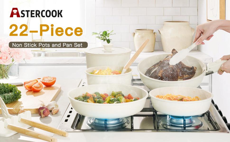 Astercook 22pcs Non-Stick Pots and Pans Set with Removable Handles Oven-Safe Stackable Dishwasher-Safe Frying Pan Stew Pot Steamer Cookware Set