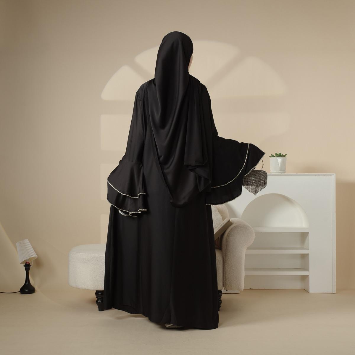 Elegant Satin Crepe Ruffle Sleeve Abaya Set 5-Piece Modest Dress with Belt, Hijab, Inner Dress & Triangle Skirt | Luxurious Full-Length Design, Side Pockets, Customizable Sizes | Perfect for Ramadan, Eid,MOA033