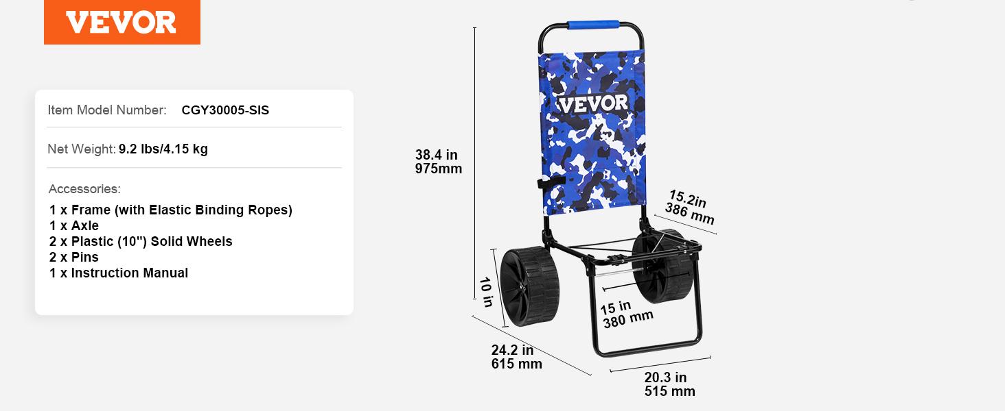 VEVOR Beach Dolly with Big Wheels for Sand,  15.4" x 15.7" Cargo Deck, w/ 10" PE Solid Wheels, 69LBS Loading Capacity Folding Sand Cart, Heavy Duty Cart for Picnic, Camping, Fishing, Beach, Gardening