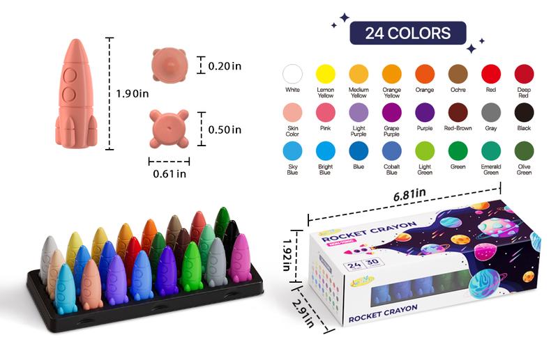 24 Colors Crayons for Toddlers, Non-Toxic Washable Rocket Crayons, Easy-to-Hold Coloring Gifts & Mess-Free Art Supplies for Little Hands