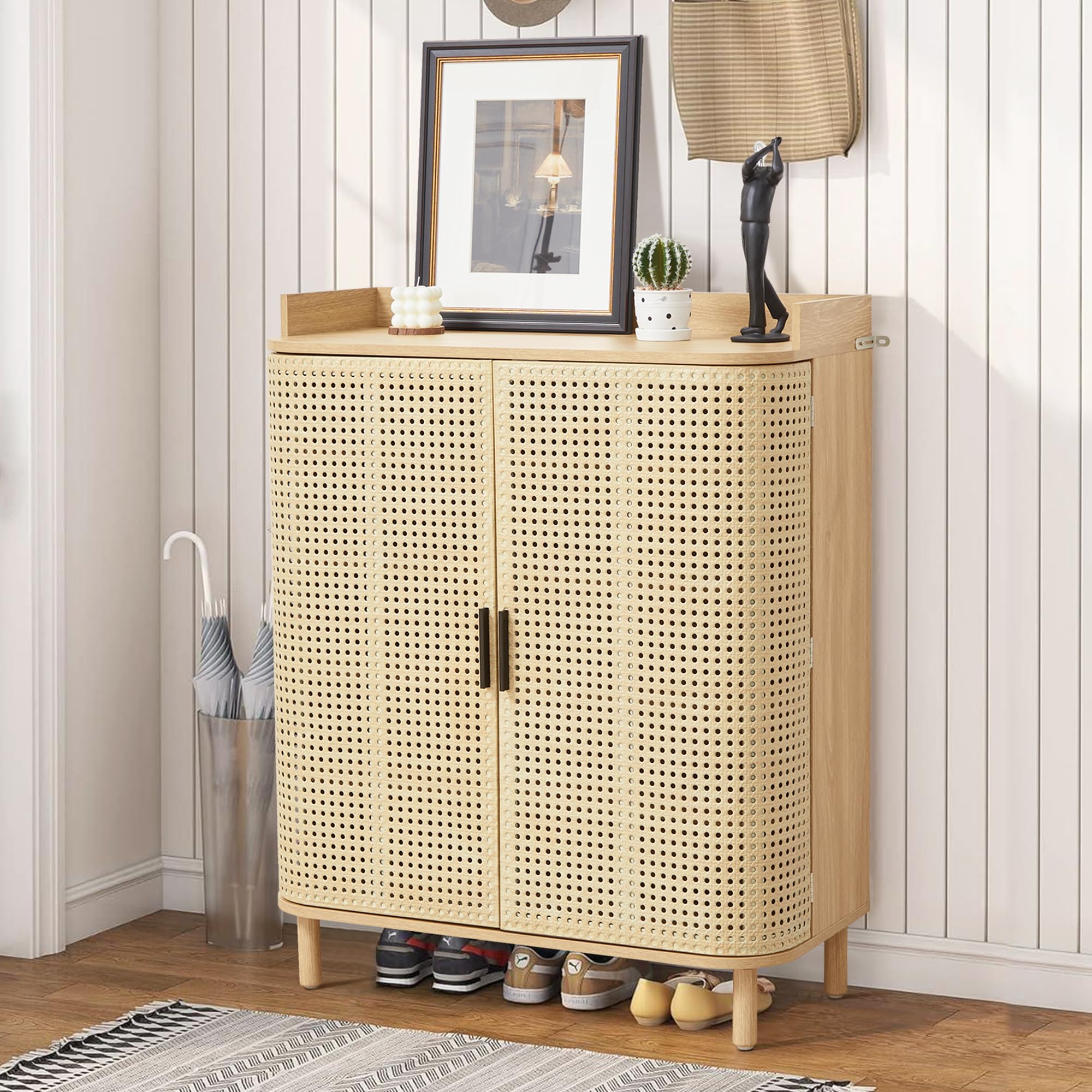 Giratree Shoe Cabinet, 5 Tier Boho Wooden Shoe Storage Organizer Cabinet with Adjustable Shelves, Shoes Rack with Iron Rattan Curved Doors Accent Cabinet for Entryway Hallway Living Room