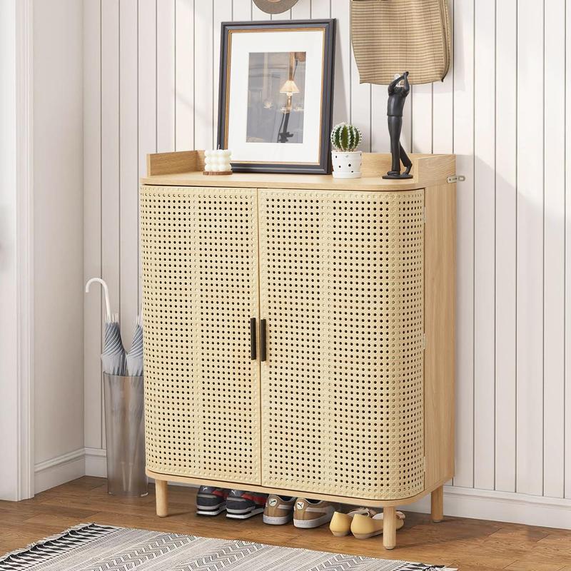 Giratree Shoe Cabinet, 5 Tier Boho Wooden Shoe Storage Organizer Cabinet with Adjustable Shelves, Shoes Rack with Iron Rattan Curved Doors Accent Cabinet for Entryway Hallway Living Room