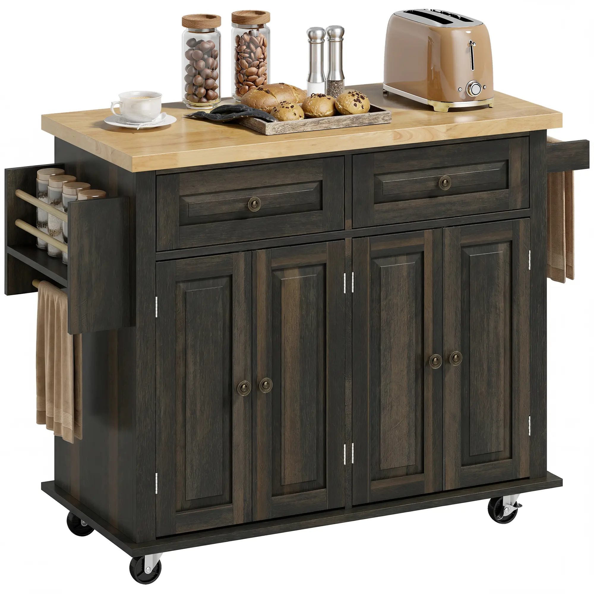 44" Mobile Kitchen Island Table – Varnished Rubberwood Countertop & P2-Grade MDF Frame. Water-Resistant & Easy to Wipe Clean. Stylish Brown & Natural Wood Effect