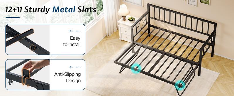 VanAcc Twin Daybed with Charging Station and LED Lights, Versatile Bed Frame with Steel Slats Support, Daybed with Trundle for Living Room, Bedroom, Guest Room