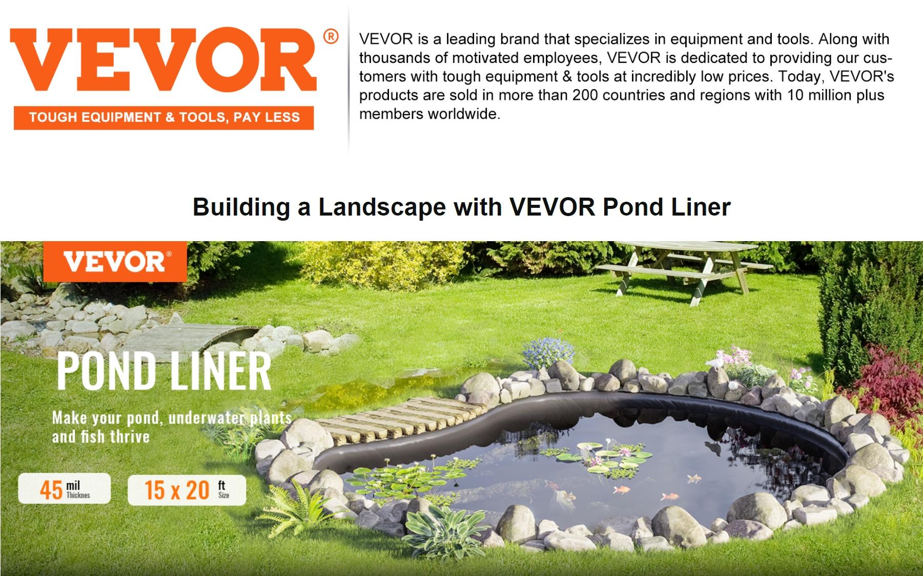 VEVOR Pond Liner, TikTokShopBlackFriday, 15 x 20 ft 45 Mil Thickness, Pliable EPDM Material Pond Skins, Easy Cutting Underlayment for Fish or Koi Ponds, Water Features, Waterfall Base, Fountains, Water Gardens