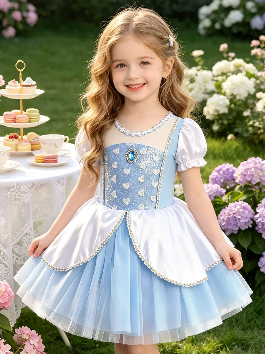 Girls Puff Sleeve Ballet Leotard Tutu Princess Dress, Heart Sequin Gem Decor Ballerina Costume for Dance Class & Princess Party