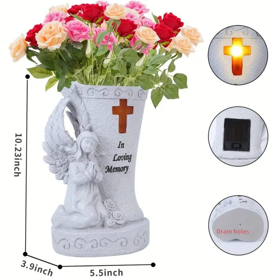 White Religious Heaven Angel Wing Cross Synthetic Figurine - Solar LED Light Resin Vase Ornament, Graveyard Bereavement Memorial Gift for Relatives (Figurines, Statues & Bobbleheads Category)