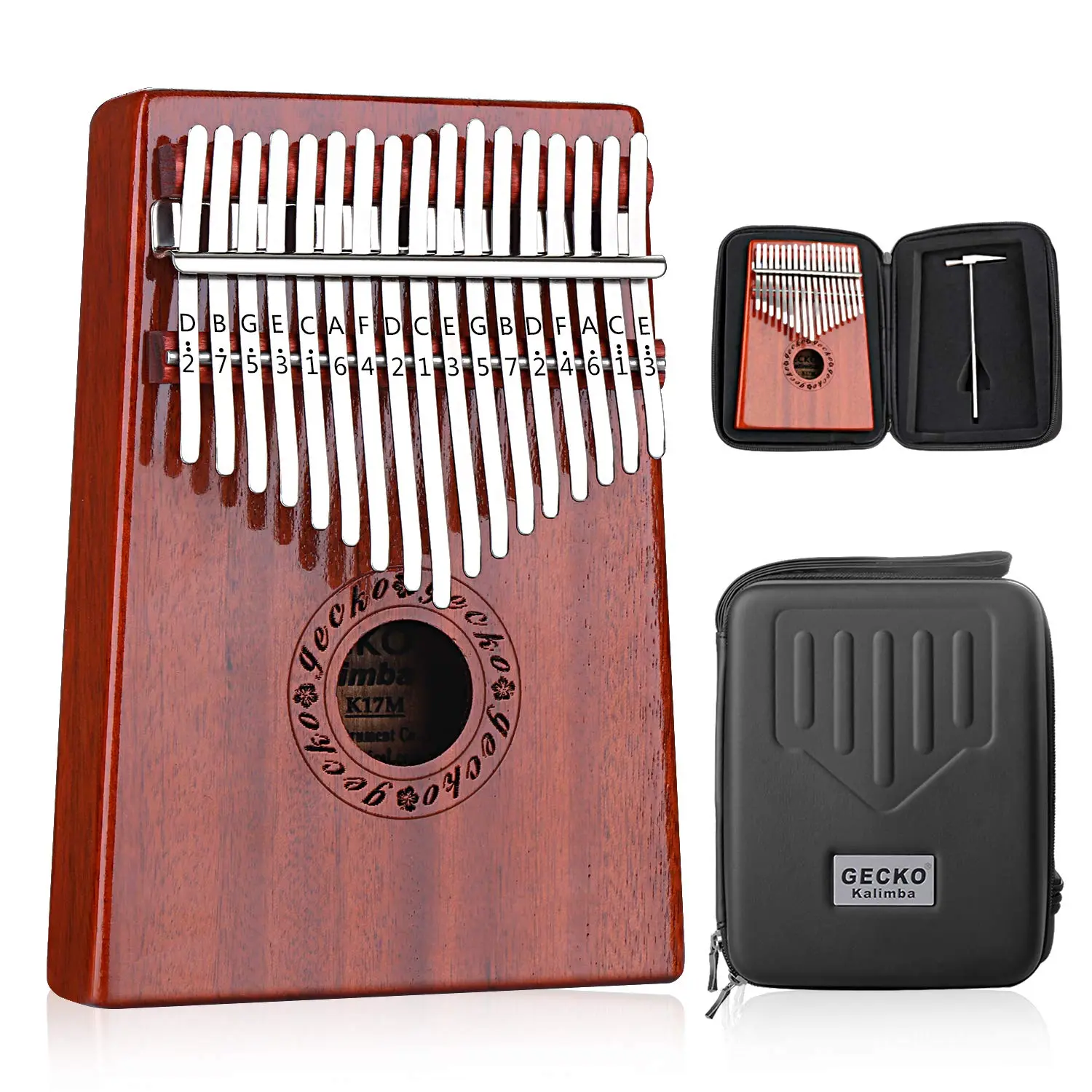 GECKO 17-Key Mahogany Wood&Steel Kalimba (Mbira Sanza) - Portable Alloy Steel Thumb Piano Percussion Instrument with Waterproof Box, Tune Hammer, Instructions, Recording Function for Beginners, Ideal for School, Outdoor, Performance, Family