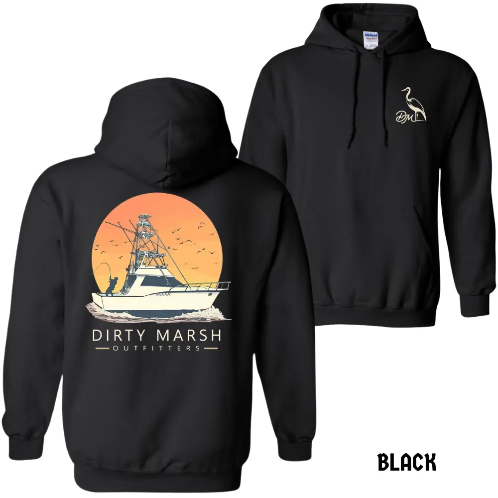 Dirty Marsh Outfitters Hoodie – Offshore Fishing Boat Sunset Design, Coastal Lifestyle Apparel, Saltwater Angler Graphic, Gildan 18500 Pullover, Unisex Hoodie