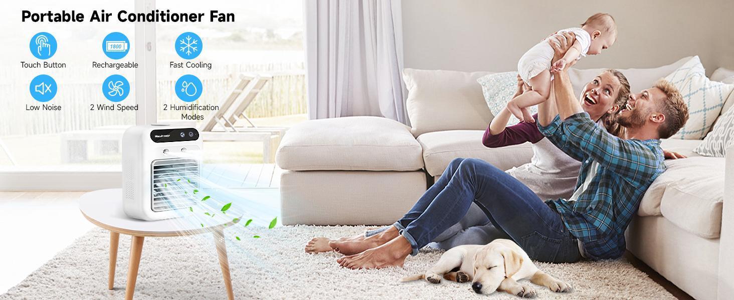 3-in-1 Portable Air Conditioner – 2-Speed Mist Fan with 1800mAh Battery | Mini Air Cooler for Travel, Office & Home Portable Comfort, Quiet Operation