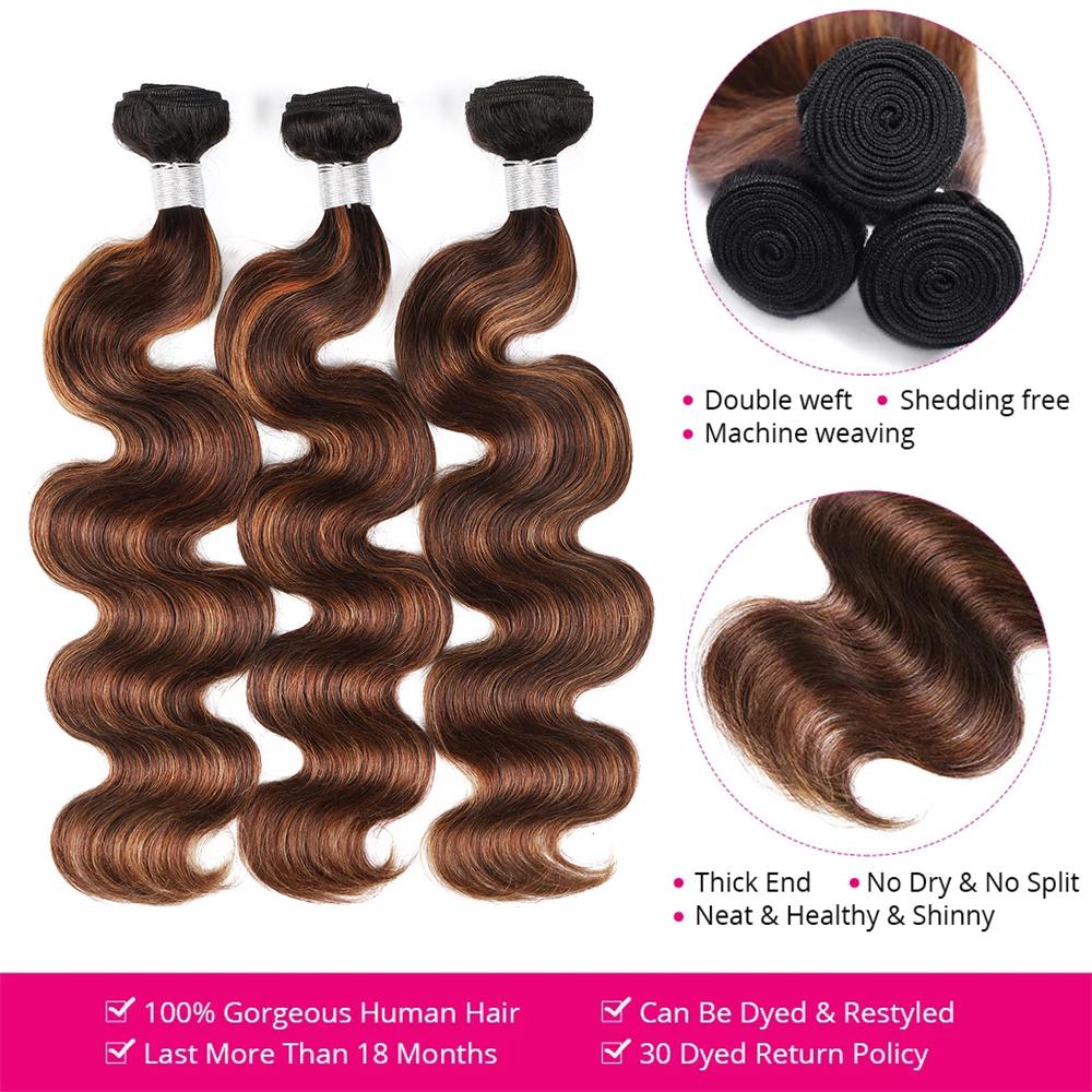 Ombre Human Hair Bundles P4/27 Brazilian Body Wave Bundles with 2x6 Closure Sew in #Fb 30 Ombre Brown Hair Bundles for Quick Weave Balayage Highlight Hair Extensions