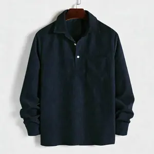 Men's Plain Pocket Half Button Corduroy Shirt, Casual Comfy Regular Fit Long Sleeve Collared Top For Fall & Winter, Men's Clothes For Daily Wear