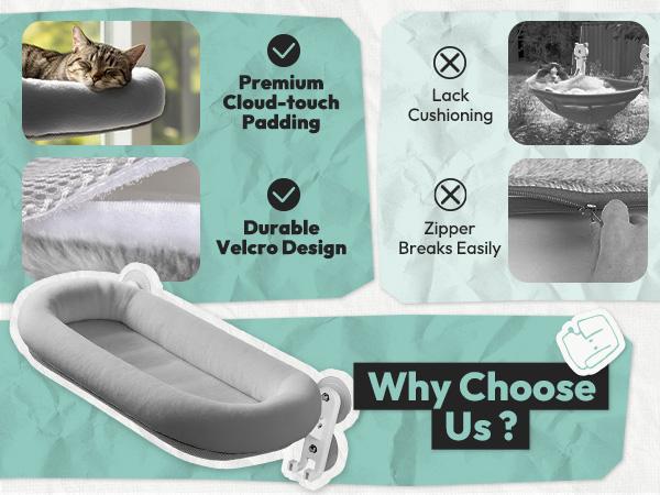 POMESEA Cordless Cat Window Perch for Large Indoor Cats, Soft Gray Pad Bed Cover, Wall and Window Mounted with Metal Frame, Includes 6 Suction Cups (2 Bonus)