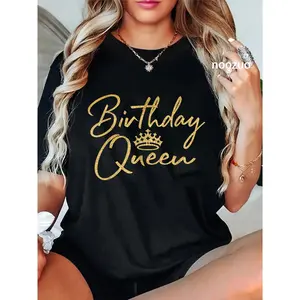 100% Cotton Birthday Queen B-Day Shirt Gift Girly Golden Crown T-shirts T-Shirt