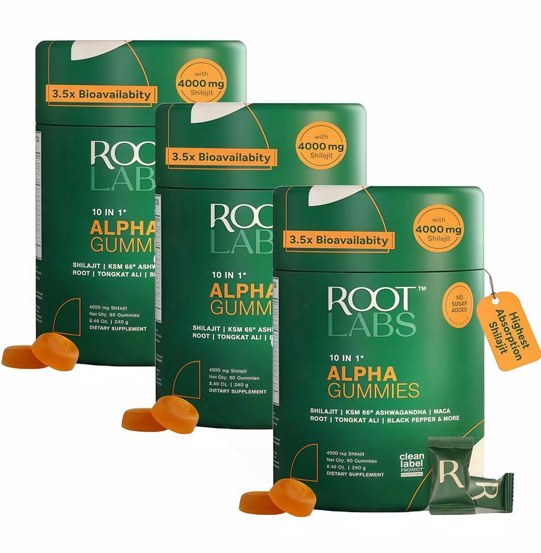 Root Labs Alpha 10-in-1 Shilaiit Gummies 4000 mg  Holiday Gift FQ-Ready Energy Stamina & Focus Zero Sugar KSM-66Ashwagandha,Tongkat Ali,Maca Vegan 60 Count