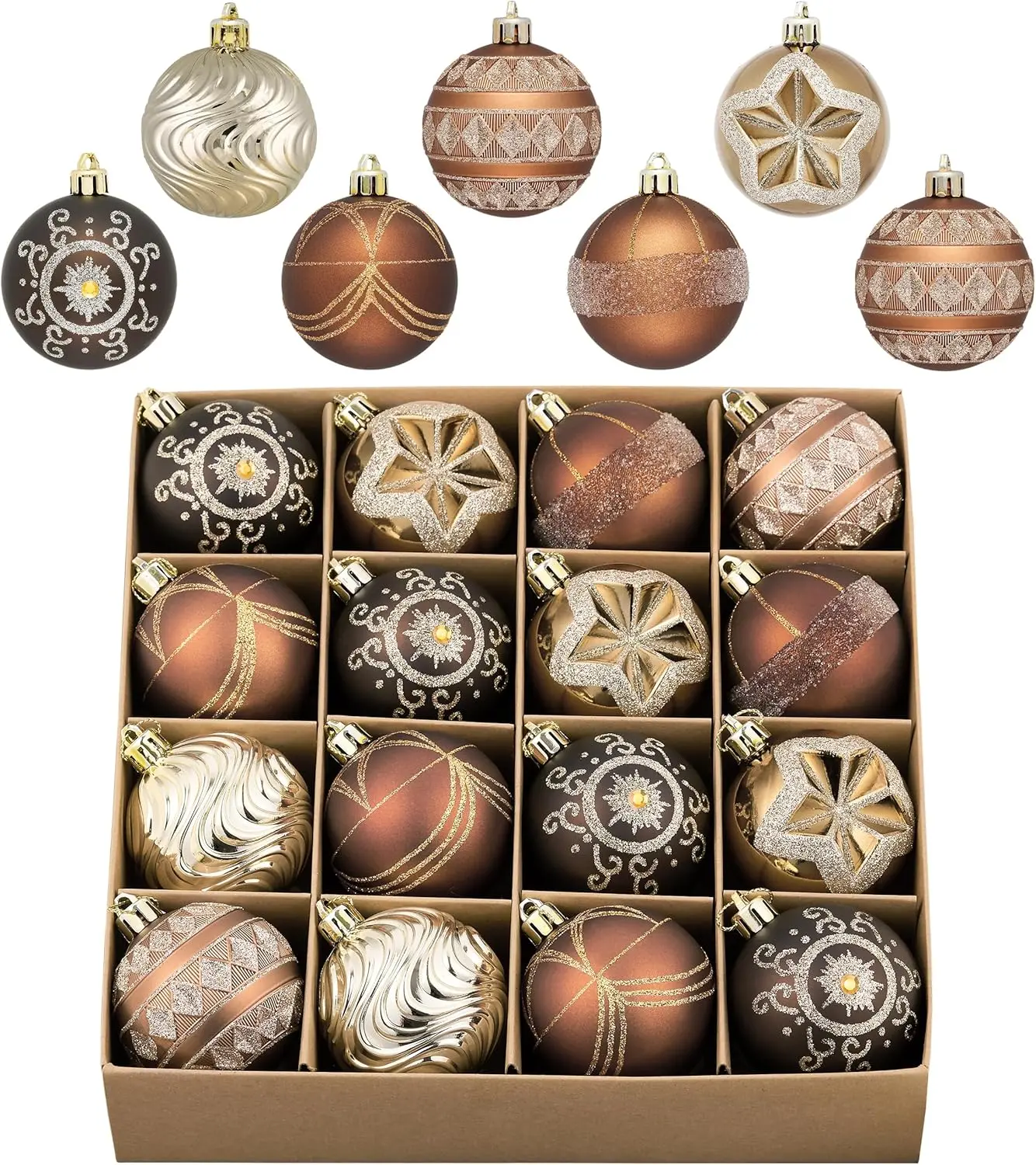Ornaments for Christmas Tree Decorations, 16ct 2.36 Inches Bronze Brown Copper Gold Shatterproof Christmas Ornaments Set Bulk, Luxury Hanging Decor for Xmas Party Holiday