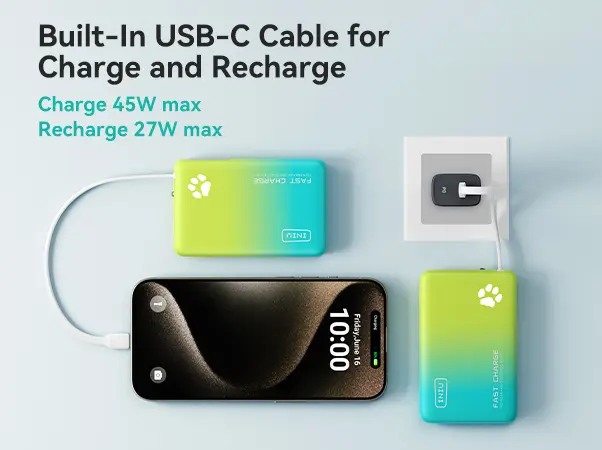 Product Introduction of INIU【2 PACK】PawGO 45W 10000mAh Power bank, Slim PD Fast Charging Portable Charger with Build in USB-C Cable,  Perfect Gift Travel Camping Battery Pack, External Phone Charger for iPhone 17 16 15 14 13 12 11 Series Samsung Google Pixel iPad Compact Handy 5