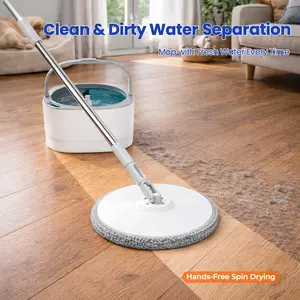 Clean Spin Mop & Bucket System – Dual Compartment Design for Clean & Dirty Water, 360° Swivel Mop Head, Built-in Scrubbing Brush, Stainless Steel Handle & 2 Reusable Microfiber Pads