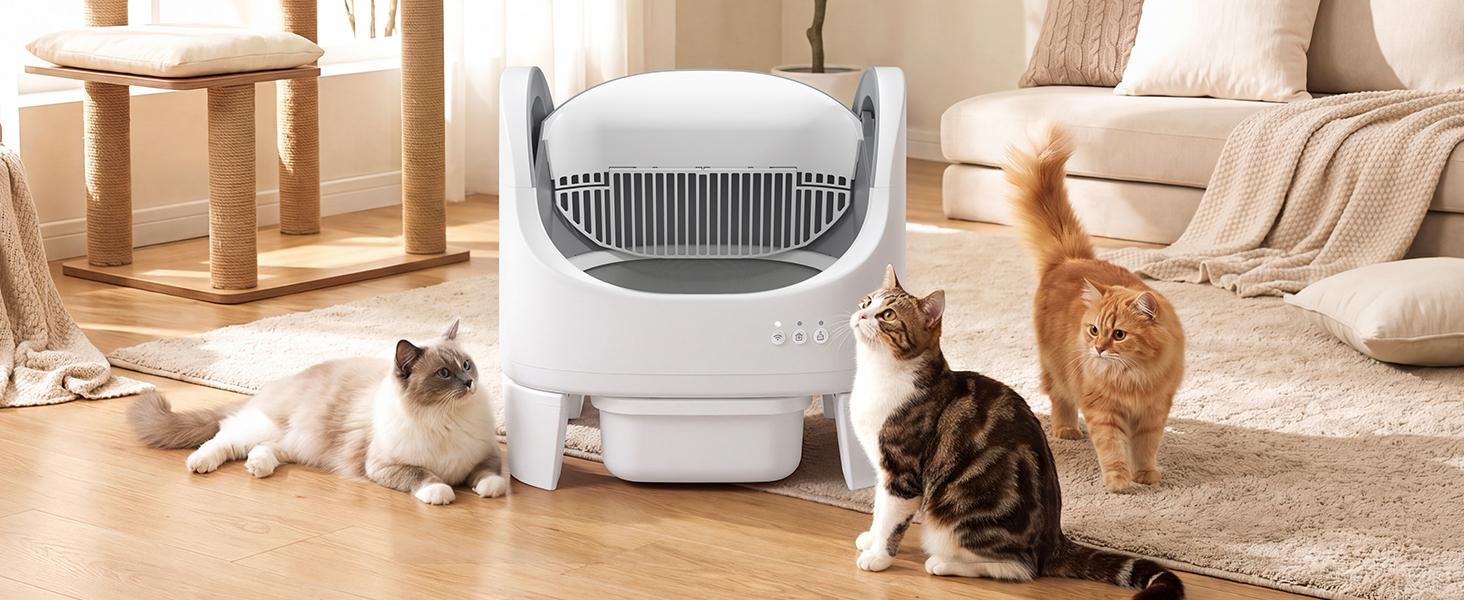 Best Seller | ECORUI Self - Cleaning - Litter Box Open Top Automatic with App Control for Multiple Cats Safety Sensors Protection Cream White 16.5"x17.3" Entrance 8L Compartment