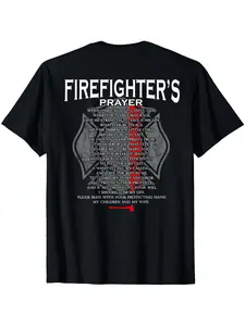 Firefighter's Prayer T-Shirt - Thin Red Line Design, 100% Cotton, Breathable & Comfortable, Crew Neck, Machine Washable - Perfect Firefighter Gift, Black