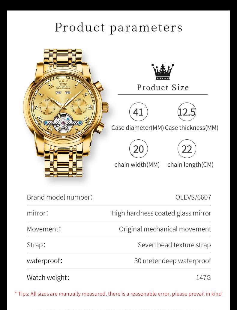 Genuine high-grade luxury hollow design multi-function dial men's watch OLEVS brand flagship new luminous waterproof fully automatic mechanical watch 6607
