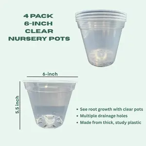 6-Inch Clear Nursery Pots with Drainage Holes 4 Pack | Plastic Plant Pots for Repotting Houseplants