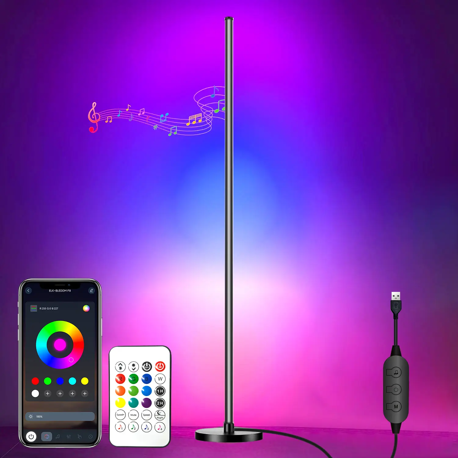 Smart RGB Corner Floor Lamp - Plastic LED Lights with 16M Colors, Music Sync, Scene Modes, Adjustable Lighting, for Living Room, Bedroom, Watch Party, Indoor Home Improvement Lights for Bedroom