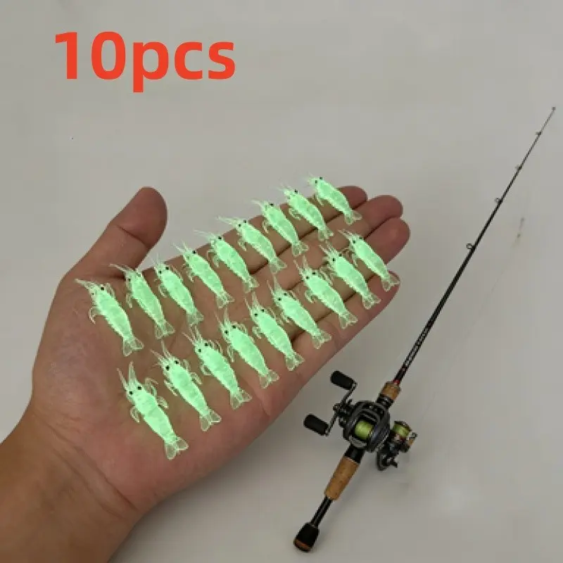 2026 New 10-Piece Glow-In-The-Dark Shrimp Lure Set, Fishing Lure Kit, Realistic Soft Plastic Bait with Hook, Ideal for Night Fishing, Freshwater & Saltwater, Soft Plastic Lures