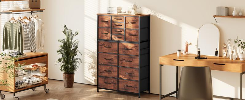 Sweetcrispy 16 Drawer Fabric Dresser Storage Tower with Bins, Tall Chest Organizer for Bedroom Closet Hallway, Steel Frame Wood Top Easy Pull Handles