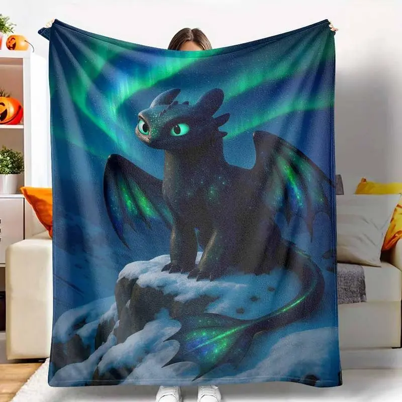 Northern Lights Toothless Dragon Flannel Blanket Soft Cozy Warm Lightweight Fleece Blanket for Winter Vacation Sleep Travel Living Room Home Decor Bed Sofa Couch Perfect Gift Fade Resistant Breathable Durable