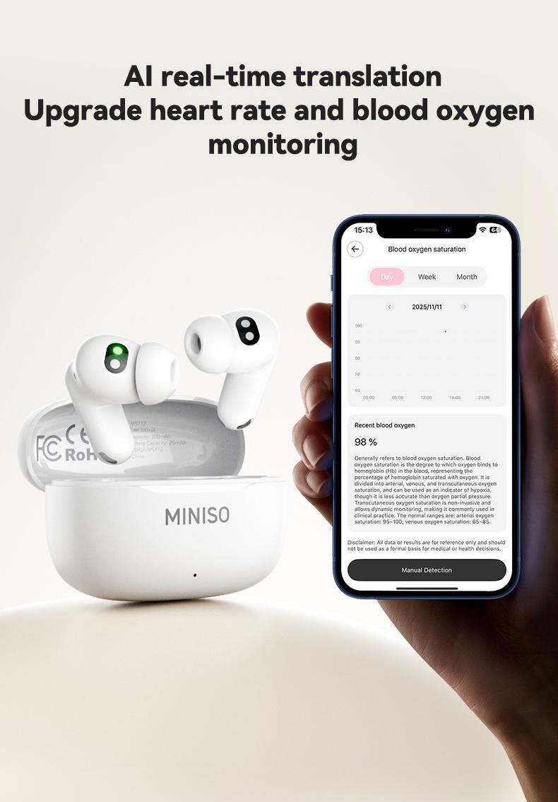 MINISO MS112 Wireless Earphones: Active noise cancellation, real-time translation, heart rate sensing, hearing aid function, Bluetooth connectivity, spatial audio, high-fidelity sound quality, USB-C charging.