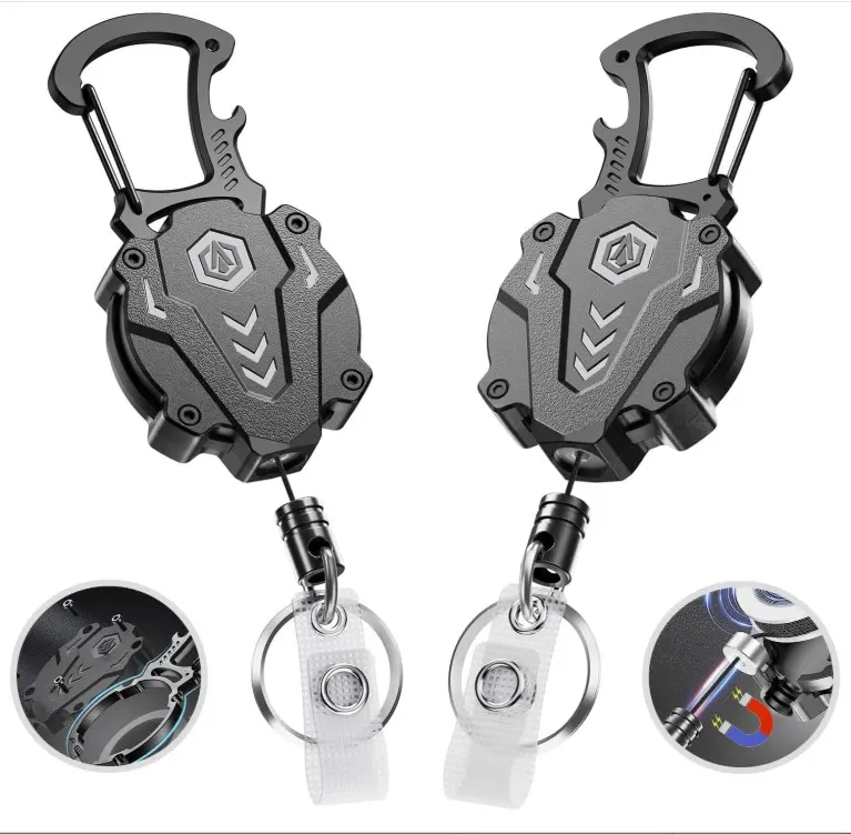 2Pack Heavy Duty Retractable Keychain, Tactical ID Badge Holder Reel Carabiner Clip with Magnetic Closure for Men, Unbreakable Sandwich Construction with 31" Dyneema Cord, Bearing 25oz