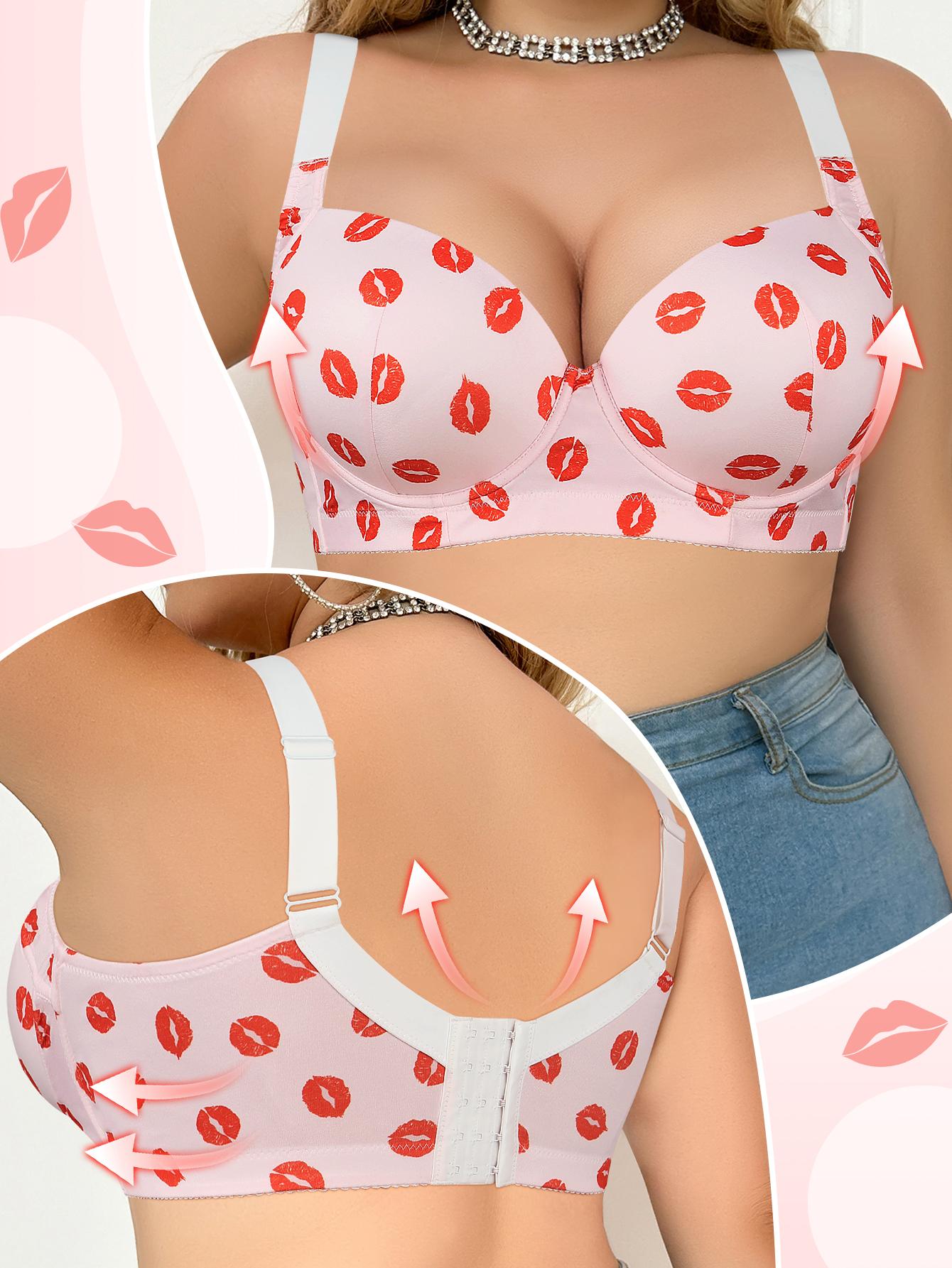 Mimilemon Valentine's Day Plus Size Push Up bra Cute Polyester Kiss Print Comfortable Stylish Womenswear Everyday Bra comfortable tiktokshopblackfriday pushup  bea Underwire Unlined Fit Pink