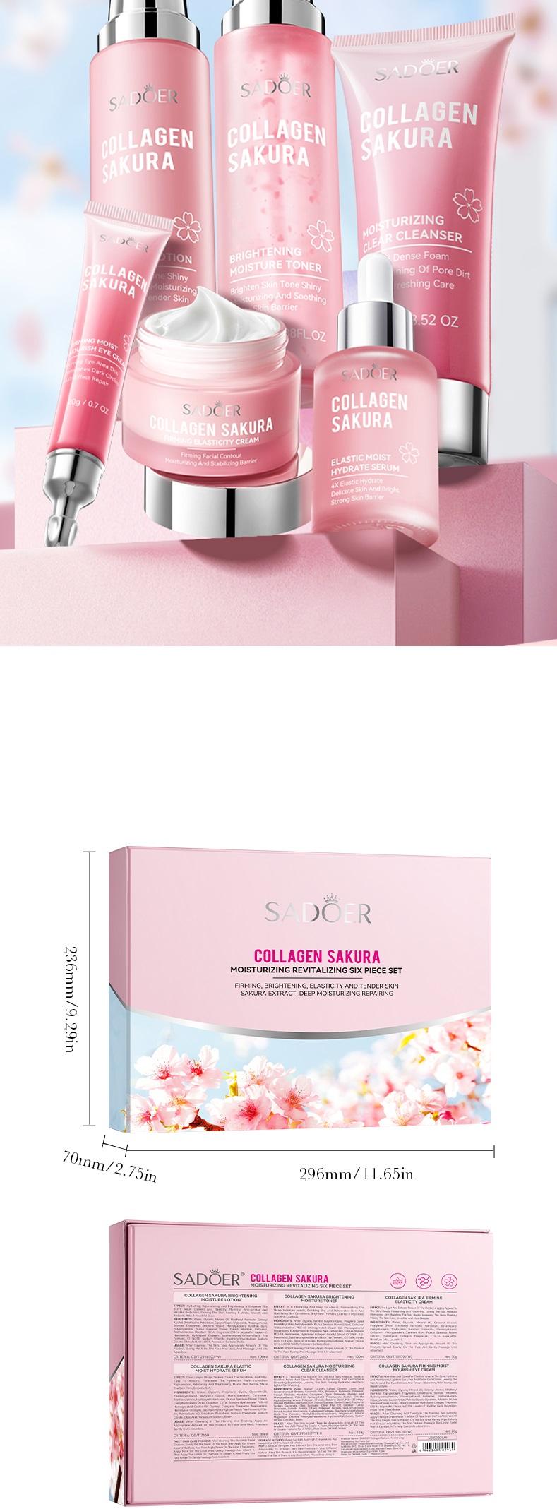 Collagen Sakura Moisturizing Revitalizing Six Piece Set - Hydrating Skin Care Kits for Radiant Glow & Plump Smooth Skin