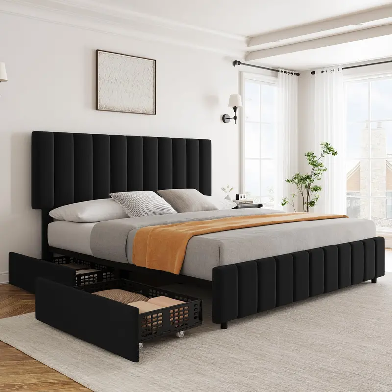 Gaomon Black Wingback King Linen Platform Bed Frame - 4 Storage Drawers, Adjustable Headboard, Wooden Slats Support, No Box Spring Needed, Storage Organization, Easy Setup