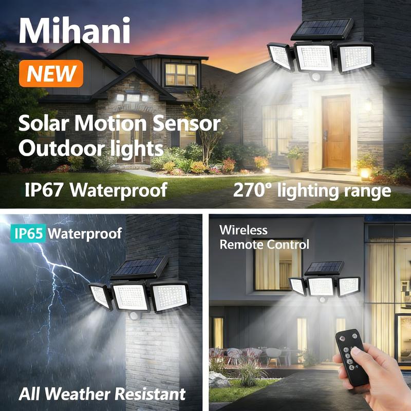 2500LM Motion Sensor Solar Outdoor Lights 210LED 3 Heads IP65 Waterproof 270° Wide Angle 3 Modes