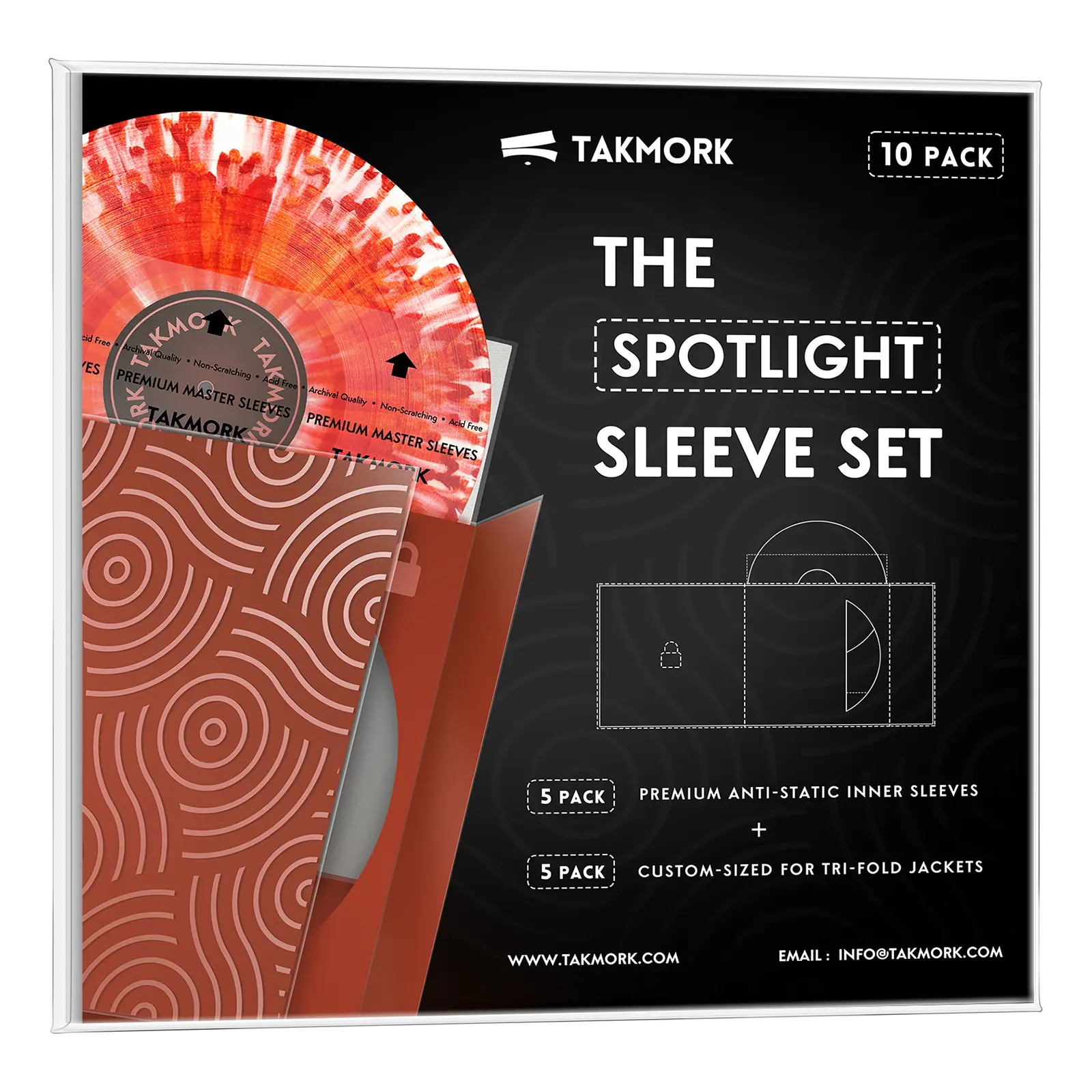 Takmork The Spotlight Sleeve Set - 5+5 Vinyl Record Sleeves Bundle with Custom Tri-Fold Top-Loading Outer Sleeves & Anti-Static Inner Sleeves for Showgirl Album Protection