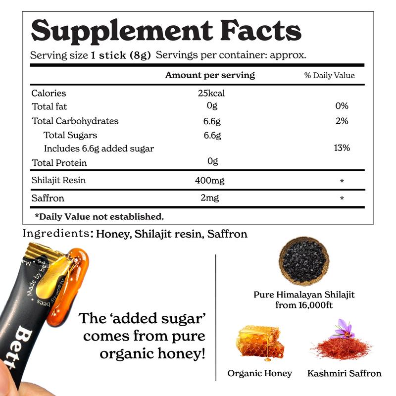 BetterAlt GOLD+ Shilajit Honey Sticks | Lab-Tested for Purity | Shilajit, Honey & Saffron | 85 Minerals & 75% Fulvic Acid for Energy & Stamina | 30N