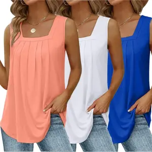 3 Pack Women Summer Tank Tops Cute Loose Fit Pleated Square Neck Sleeveless Tops